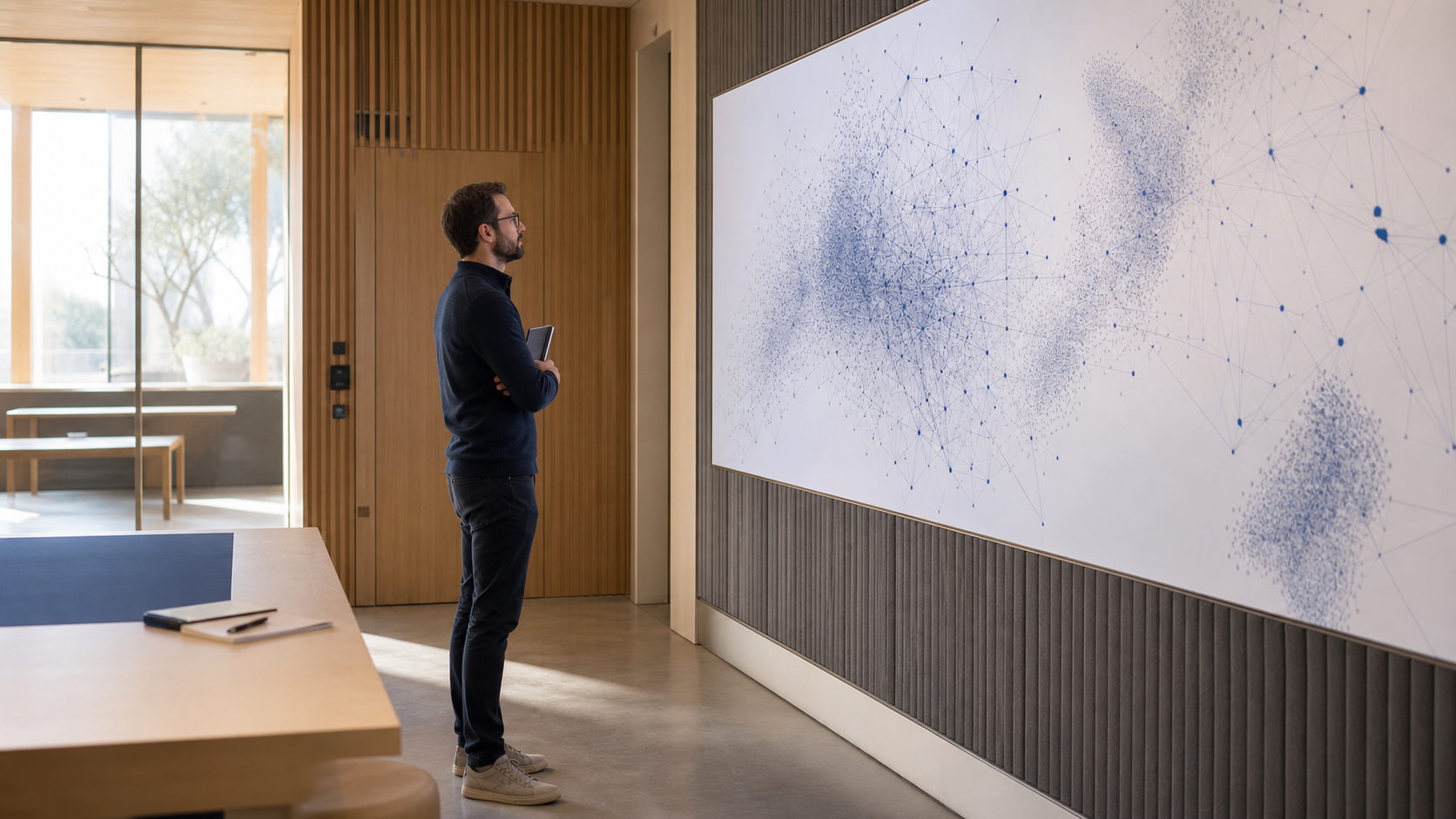 Professionnel étudiant une visualisation abstraite de données dans un espace de recherche