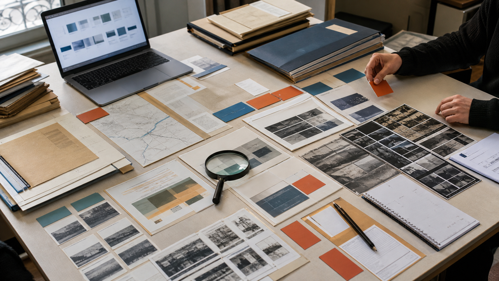 Bureau de vérification réunissant plusieurs documents, photographies et sources