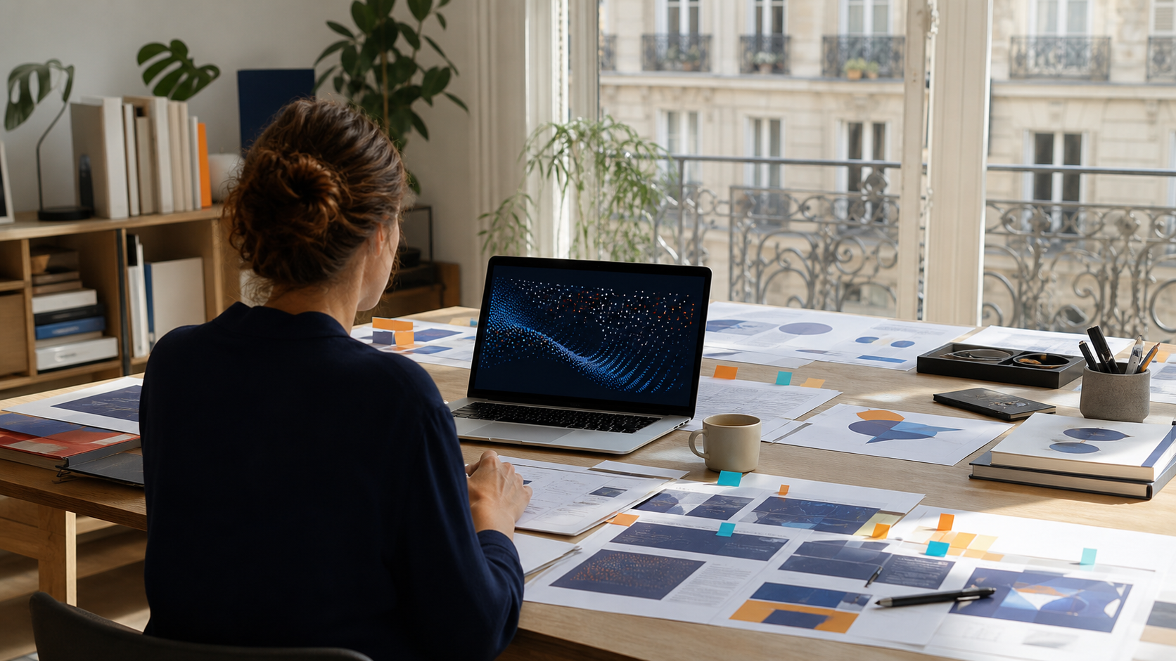 Table de travail éditoriale avec documents de vérification et ordinateur portable