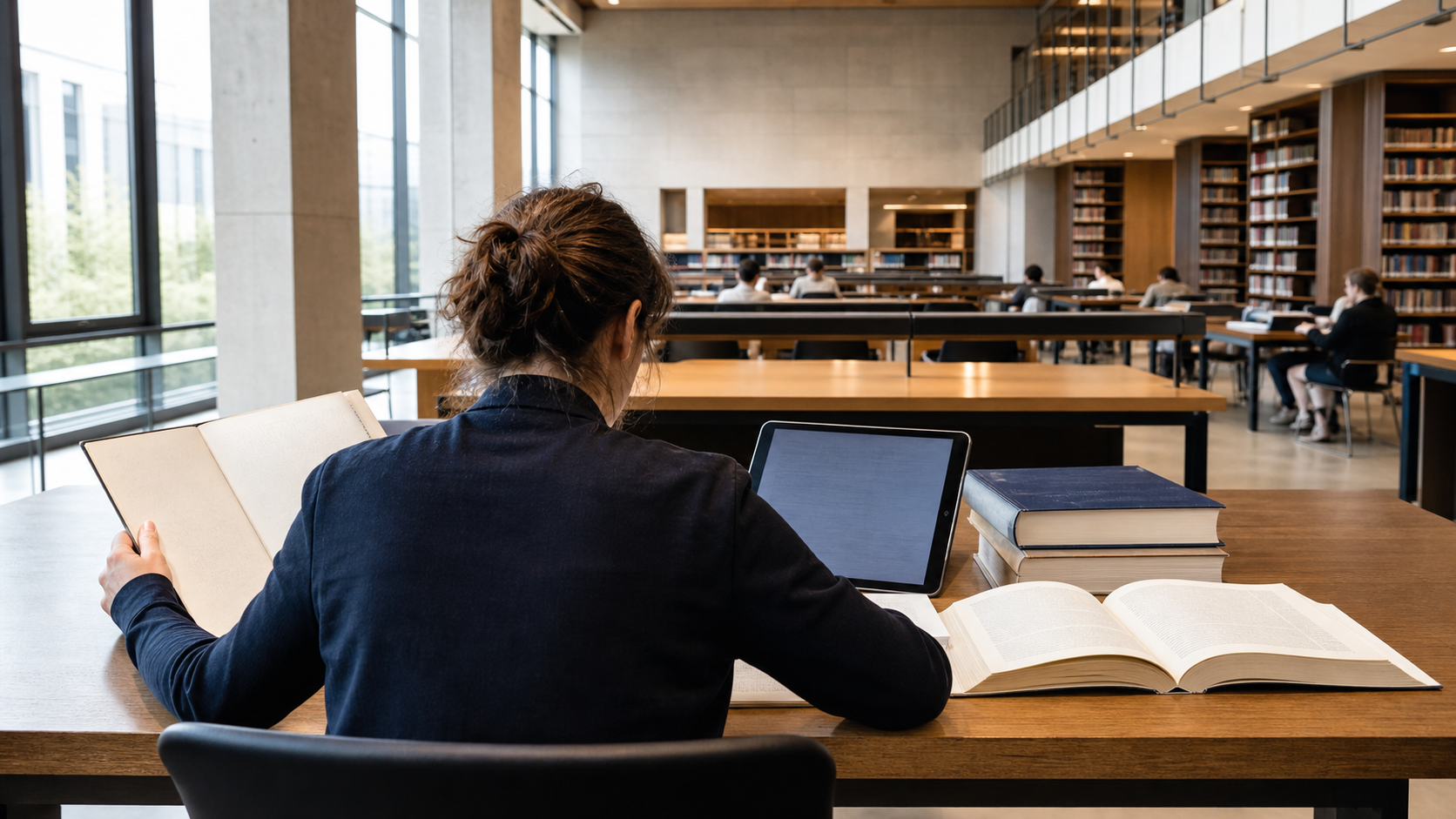 Chercheur comparant différentes sources documentaires dans une bibliothèque contemporaine
