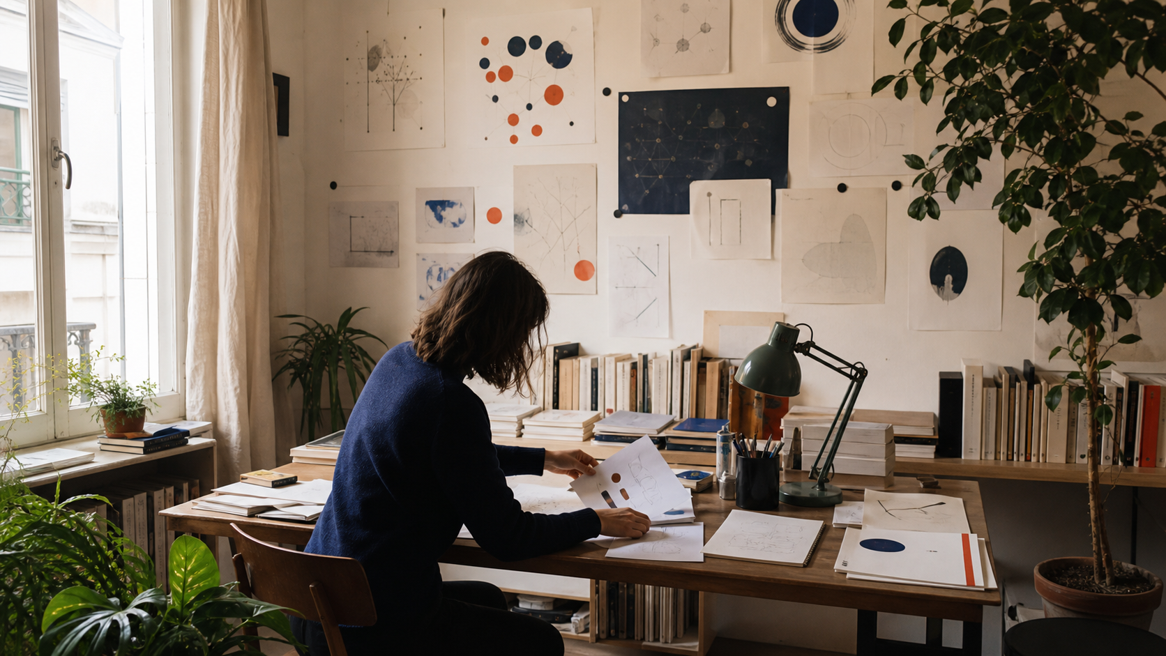 Atelier éditorial lumineux consacré à la préparation d’un article pédagogique